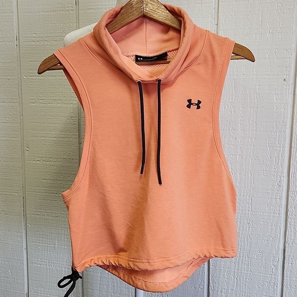 UNDER ARMOUR Women UA  Orange Featherweight Crop Fleece Sleeveless Funnel Neck M